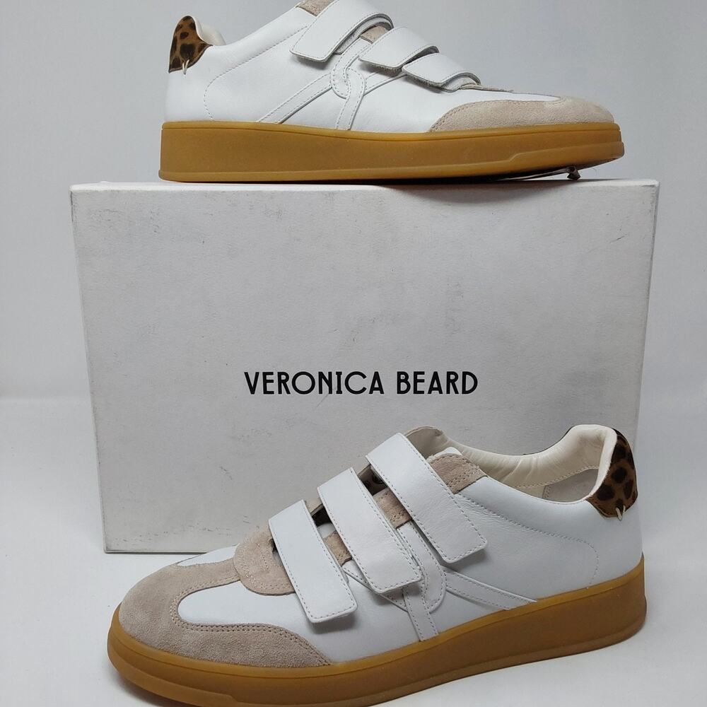 Veronica Beard Reagan Womens 9.5 White Leopard Hook & Loop Leather Sneakers NIB